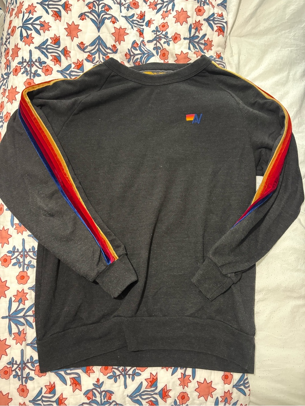 Aviator Nation Black Crewneck Sweatshirt with Rainbow Sleeve Stripes